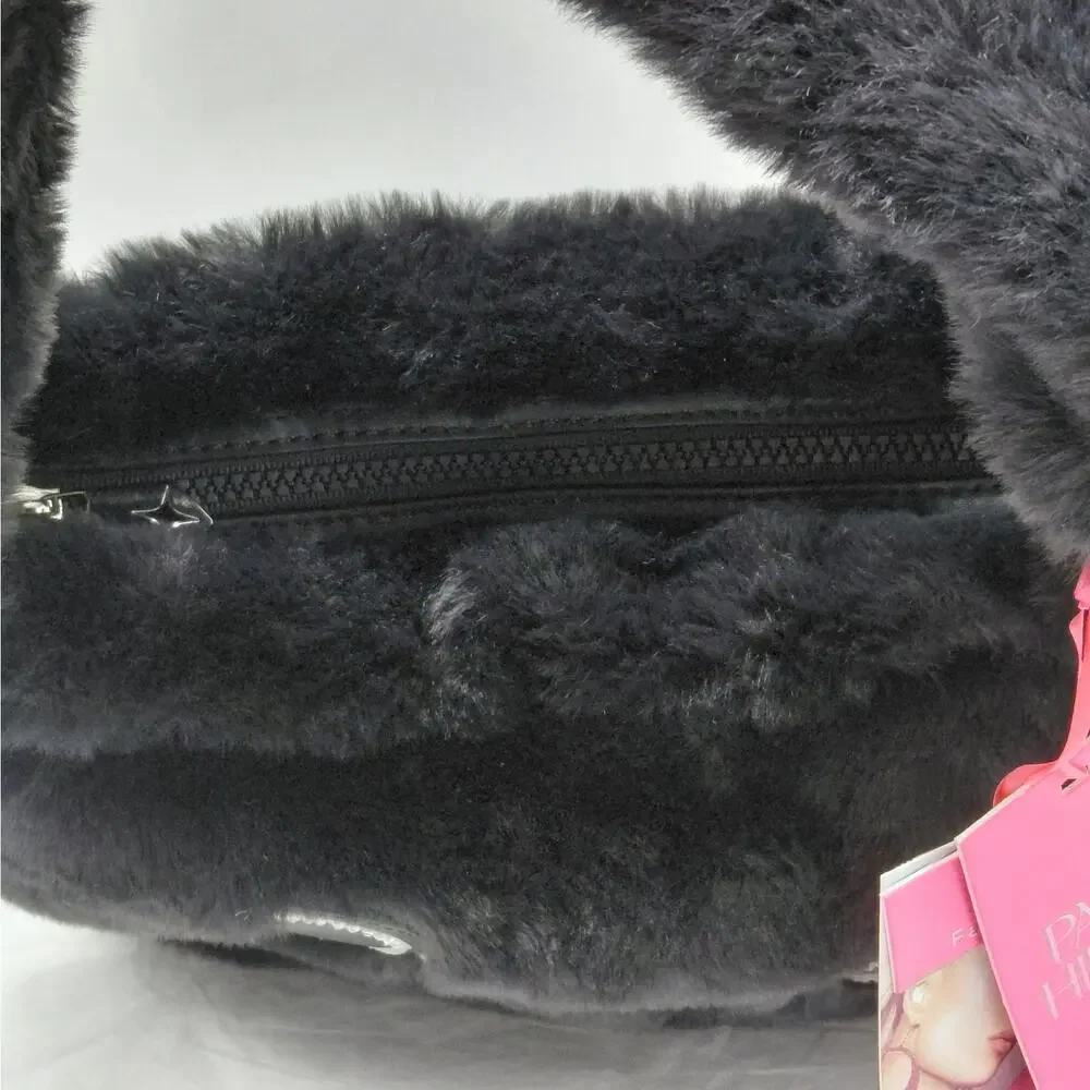 Paris Hilton Handbag Black Faux Fur Rhinestone Logo Baguette Y2K Festival Purse
